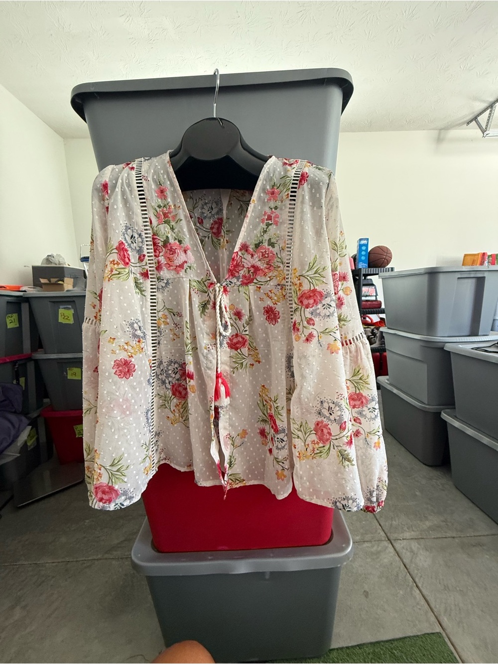 Floral Tie-Front Peasant Blouse - White with Pink Roses 98